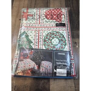 Vintage 1970s Christmas Tablecloth 52x70 Oblong Vinyl Flannel Cheers Holiday New